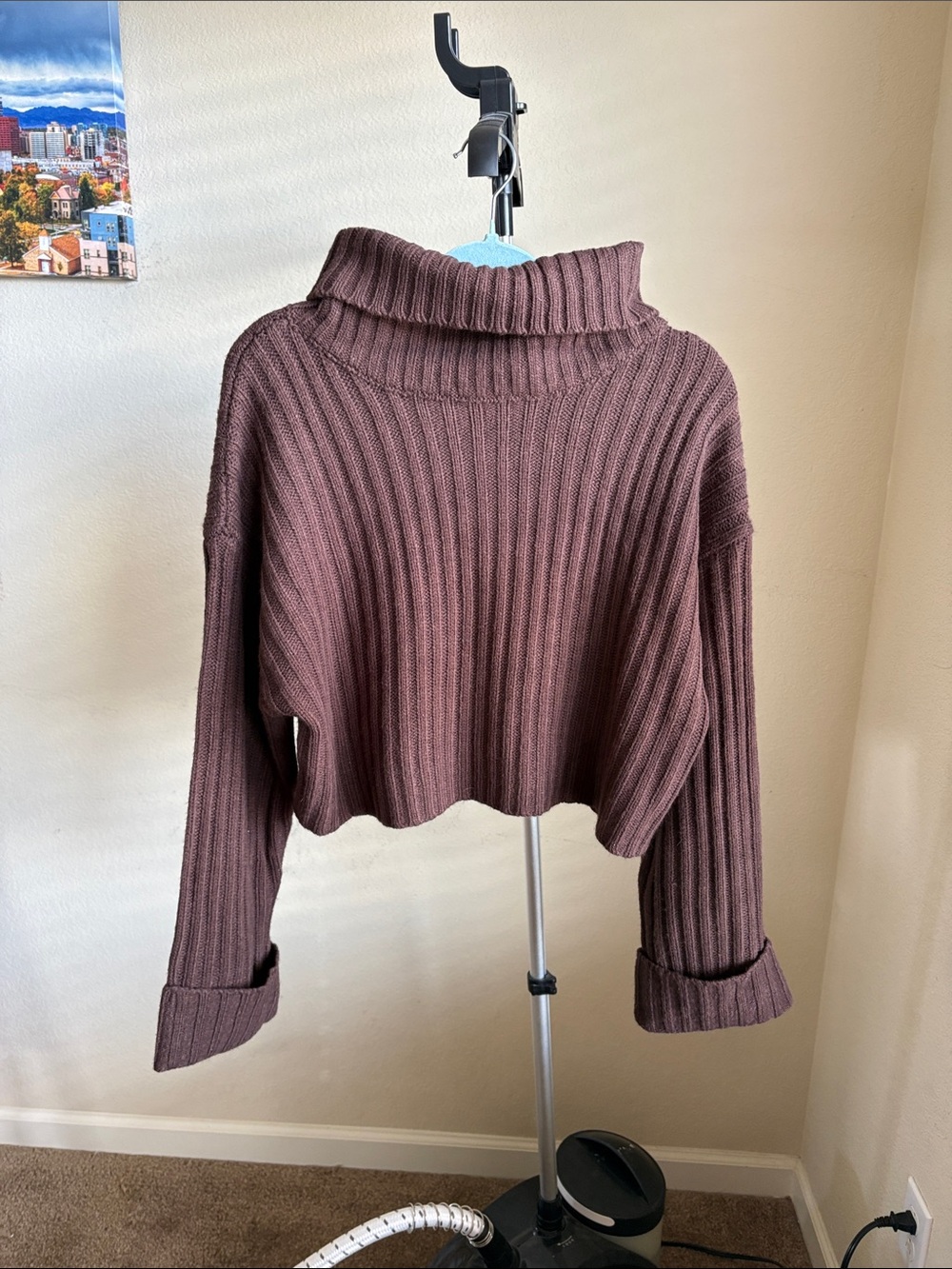 Sweet Rain Ribbed Cropped Turtleneck Sweater - Chocolate Brown